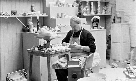 Henry Moore at work at his studio, Perry Green, c1960.