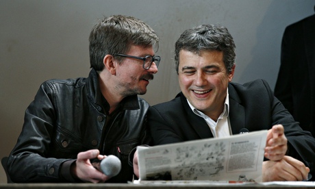 Charlie Hebdo caricaturist Luz (left) and journalist Patrick Pelloux at a press conference