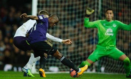 Enner Valencia gets his foot around the ball to steer it into the net and the home side into the lead.