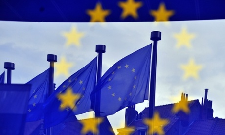 European flags are reflected at the entrance of the Berlaymont building EU Commission in Brussels