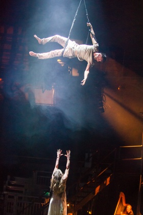 Mary Bevan as Euridice and Gyula Orendt as Orfeo in the ROH/Roundhouse production of Monteverdi's Orfeo.