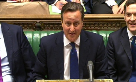 David Cameron at PMQs, where he called Labour 'chicken' over refusing to allow the Green party into the debates.