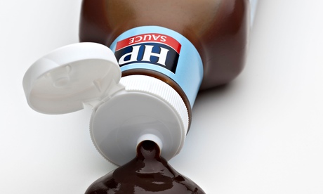 HP brown sauce spilling on to a white surface