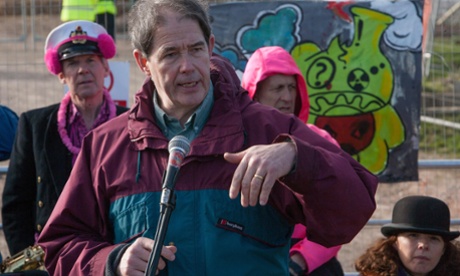 Jonathan Porrit talks to protesters at the  gates of Hinkley Nuclear power station,  at a march against the building of  Hinkley C power station, Somerset  and the UK government's choice of Nuclear power as the mainstay of England's power supply.