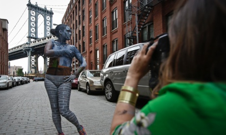 Jessica Mellow poses for artist Trina Merry in the Dumbo neighborhood, New York, formerly known as Fulton Landing.