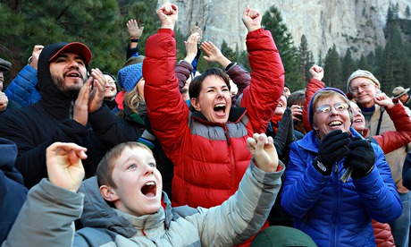 The families of Tommy Caldwell and Kevin Jorgeson cheer as they reach the summit of Dawn Wall