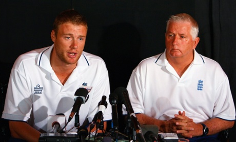 Andrew Flintoff offers his apology sat next to Duncan Fletcher in St Lucia.