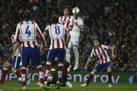 The unmarked Sergio Ramos heads the equaliser, just as he did against Atleti in the Champions League Final.
