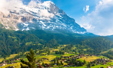 The town of Grindelwald beneath the Eiger mountain North Face in the Swiss Alps.