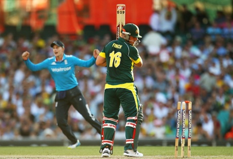 Aaron Finch looks down to see one of his bails is gone, which means so is he.