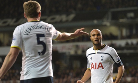 Younès Kaboul and Jan Vertonghen argue during Spurs' FA Cup win over Burnley.