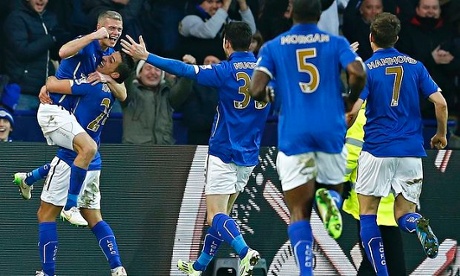 Leicester's Paul Konchesky, left, celebrates his goal against Aston Villa in the Premier League