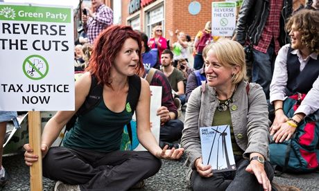 Natalie Bennett (right), Green party leader, at a demonstration in Manchester.