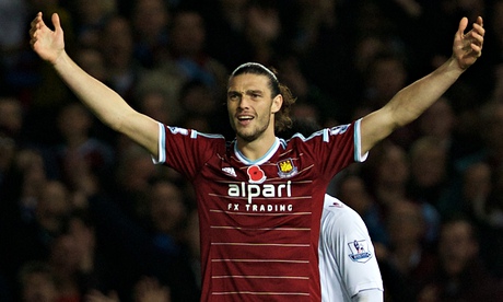 Andy Carroll wearing West Ham shirt sponsored by Alpari.