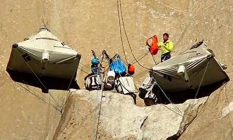 Tommy Caldwell rests on the rock face of El Capitan during his historic climb with Kevin Jorgeson.