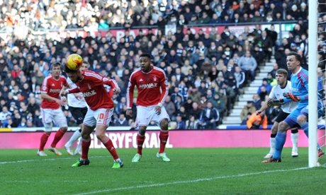 Derby’s Johnny Russell whips in a corner, Henri Lansbury heads the ball into his own net.