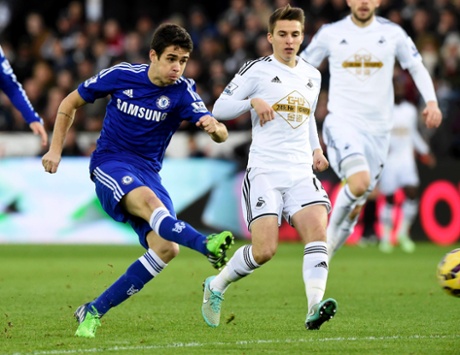 Chelsea's Oscar scores the opener after a mistake by Gylfi Sigurdsson.
