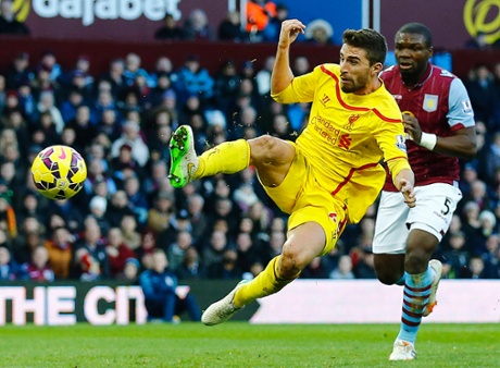 Liverpool's Fabio Borini forces home the opener at Villa Park.