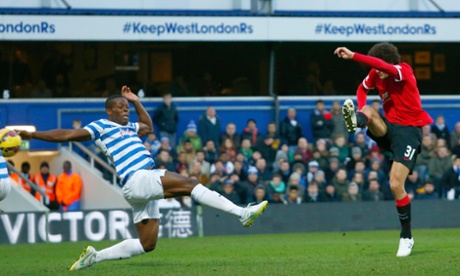 Marouane Fellaini blasts the ball home to score the opening goal, his third of the season.
