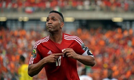 Equatorial Guinea's midfielder Emilio Nsue celebrates after scoring the opening goal of the 2015 African Cup of Nations.