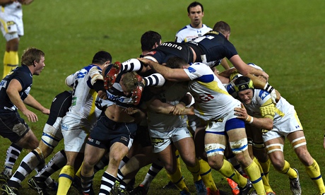 Sale Shark's lock Jonathan Mills on top of a maul in the Champions Cup match with Clermont Auvergne