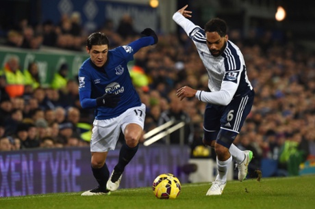 Muhamed Besic turns away from Joleon Lescott as Everton continue to dominate possession.