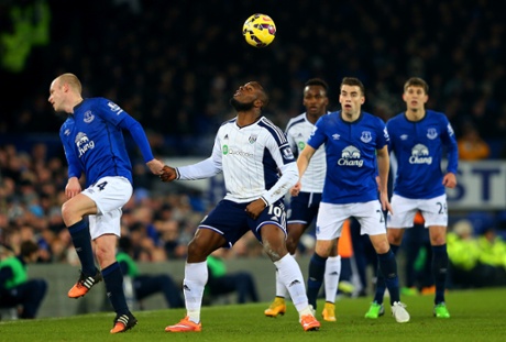 Victor Anichebe controls the ball surrounded by Everton defenders.