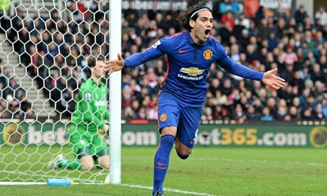 Radamel Falcao celebrates Manchester United's equaliser in their 1-1 draw at the Britannia Stadium.