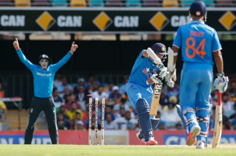 Axar Patel is bowled out by Steven Finn