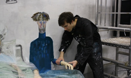 All the characters in the film are painted on to a wall, slightly larger-than-life, with 3D arms that project out and interact with the set.