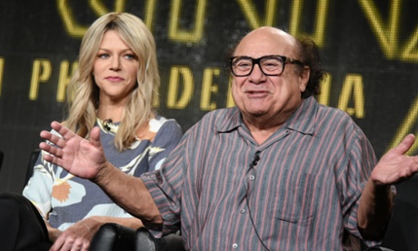 Kaitlin Olson, left, and Danny DeVito speak on stage during the It's Always Sunny in Philadelphia panel.