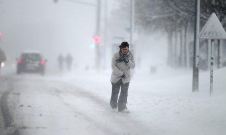 Snowy road, woman