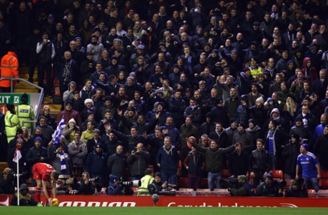 Chelsea fans sing at Steven Gerrard as he takes a corner.