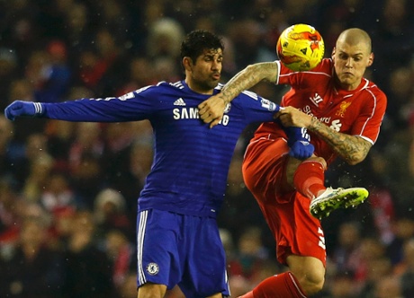 Martin Skrtel challenges Diego Costa