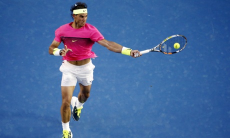 Rafael Nadal hits a forehand return during his second-round match at the Australian Open.