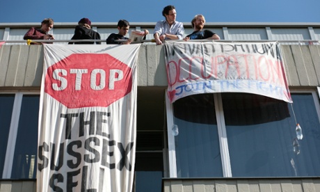 Students occupy a building on the Sussex University campus as part of a protest against the privatisation of campus services.