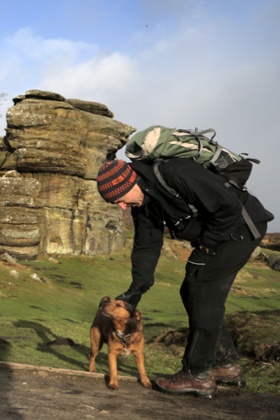 Wilf sniffs the air  on Brimham Rocks.