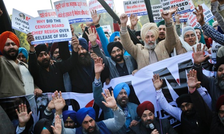 Demonstrators protest against the impending release of MSG: The Messenger of God, the release of which was approved by an appeals board, sparking a crisis in India's censorship organisation.