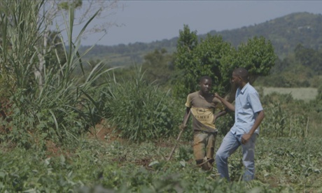 Two children working outside