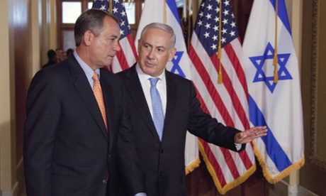 FILE - In this May 24, 2011 file photo, Israeli Prime Minister Benjamin Netanyahu walks with House Speaker  John Boehner of Ohio to make a statement on Capitol Hill in Washington.