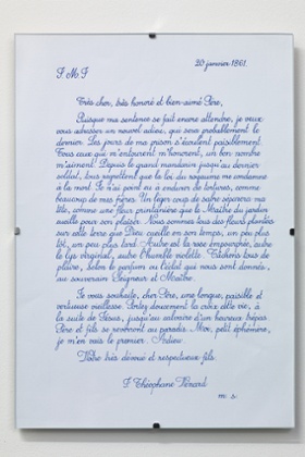 Untitled (2015) Last letter by St. Jean Théophane Vénard tohis father before he was decapitated, copied by Danh Vo's father, Phung Vo.