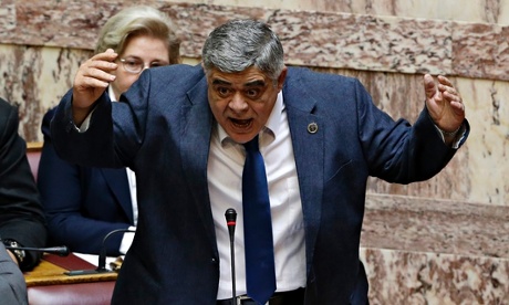 The leader of the far-right political party Golden Dawn Nikos Michaloliakos in parliament in Athens