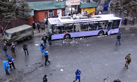 A damaged trolleybus after it was hit by a shell  in Donetsk, Ukraine