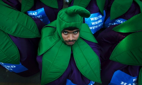 A Greenpeace activist protests against GM crops in Bangalore.