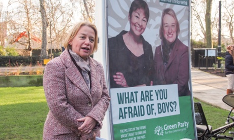 19 Jan 2015, London, England, UK --- London, United Kingdom. 19th January 2015 -- Green Party leader Natalie Bennett stands beside one of the cycle billboards outside Parliament calling for the Greens to be included in forthcoming General Election leader's TV debates.