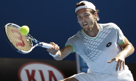 It's been a tough day at the office for Joao Sousa of Portugal (AP Photo/Lee Jin-man)