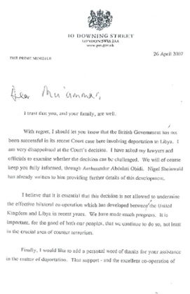 Page 1 of Tony Blair's letter to Muammar Gaddafi