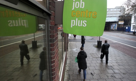 Jobseekers enter a jobcentre plus in London.