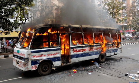 Bus on fire in Dhaka