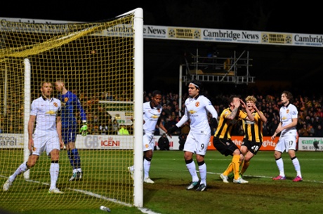 Josh Coulson reacts after heading just over the bar from close range, the clearest chance of the game so far.
